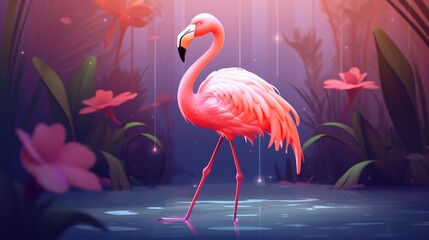 pink flamingo vector illustration surrounded by natur.Generative AI