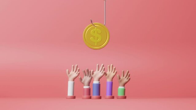 3D Cartoon hand catching coin, Money is like bait. Cheating, fraud and easy money concept. Free easy money in source of success or a market lure. Dollar Coin on Fishing hook. motion 3d animation