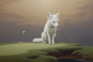 White fox in shades on golf course at twilight. Generative AI