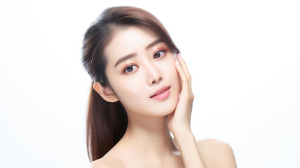 Beautiful young asian woman with perfect skin touching her face. Facial treatment. Cosmetology, beauty and spa concept.
