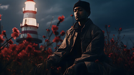 young man in front of a lighthouse in flower field on a beautiful sunset