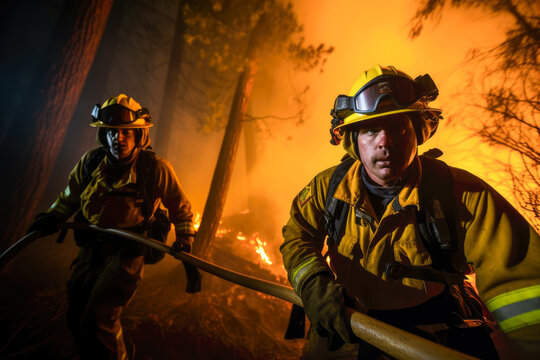 Two firefighters in hats working together to control the blaze.