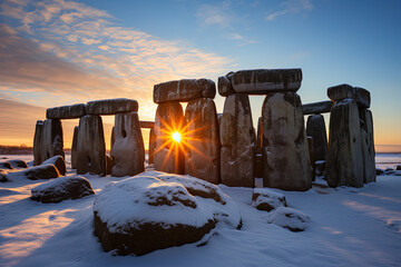 Sunset behind the stonehenge in Winter Solstice Day - obrazy, fototapety, plakaty