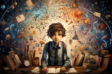 Fototapeta na wymiar A genius boy with mathematic background represents the National Mathematics Day