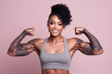 young woman with tattoo on her hand showing her biceps in pastel color studio background - obrazy, fototapety, plakaty