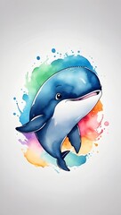 Colorful watercolor cute Whale portrait illustration on a white background