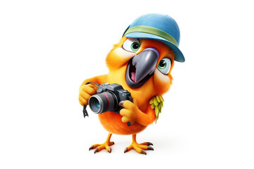 Parrot photographer with camera on plain white background
