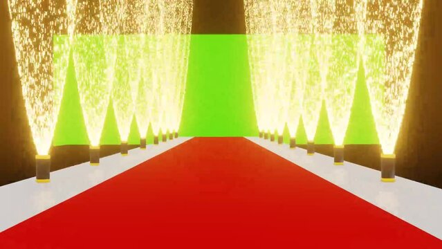 3d animated video of fireworks bursts of welcome running through the red carpet and green screen