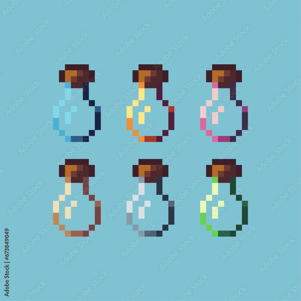 Leinwandbilder pixel art sets of empty bottle with variation color item asset. simple bits of empty elixir bottle p