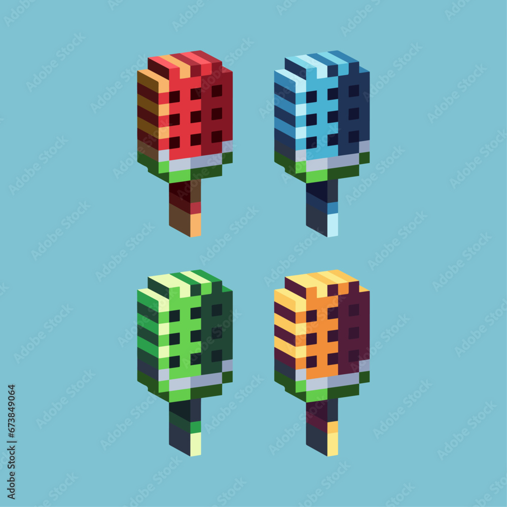 Poster isometric pixel art 3d of watermelon ice cream for items asset.ice cream on pixelated style.8bits pe