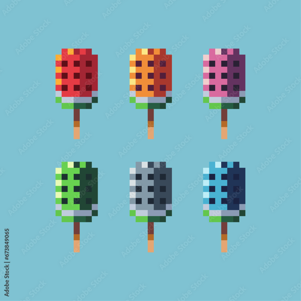 Poster pixel art sets of watermelon ice cream with variation color item asset. simple bits of ice cream pix