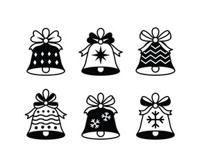 set of christmas bells with bow ribbon simple black white illustration vector design icon collection for new year, holiday, gift