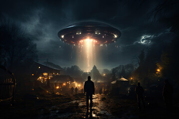 Frightened wary crowd of people witnesses the soaring of glowing UFO flying saucer with rays of light over village in forest landscape at night