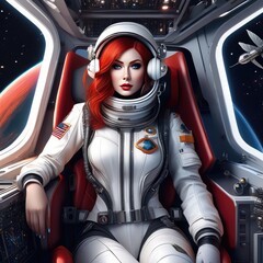 Girl and butterflies. The girl is a red-haired astronaut in a spacesuit surrounded by butterflies.
