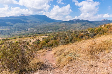 Mysterious mountain landscape of the Valley of Ghosts on the western slope of Mount Demerdzhi in Crimea. Popular tourism and trekking destination
