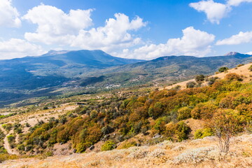 Mysterious mountain landscape of the Valley of Ghosts on the western slope of Mount Demerdzhi in Crimea. Popular tourism and trekking destination