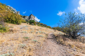 Mysterious mountain landscape of the Valley of Ghosts on the western slope of Mount Demerdzhi in Crimea. Popular tourism and trekking destination