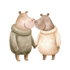 Watercolor Hippopotamus Couples. Cute Hippopotamus Couples Clipart. Animal Watercolor Illustration.