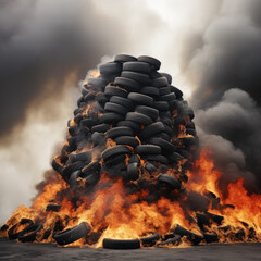 Burning pile of used old car tires at landfill. Dark smoke because of burning rubber. Environmental pollution concept.