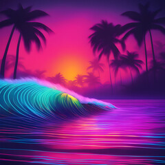 Fototapeta na wymiar Nostalgische Neon Tafel . Sonnenuntergang unter Palmen . Wellen . KI Generated 