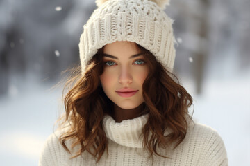 Young Happy Woman Wearing Wooly Winter Hat While Walking During Sunny Snowy Day.