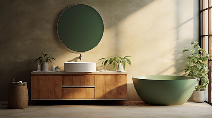 Modern minimalistic bathroom interior with green details