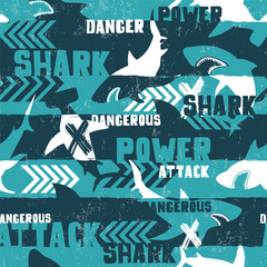 Abstract seamless pattern with shark silhouette on grunge linear background with arrows, text dangerous power attack. Shark silhouette repeat ornament. Big fish predator repeat print for sport textile