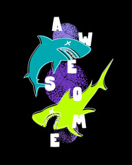 Text awesome on poster with shark silhouette. Moon eclipse print. Sharks illustration with lettering for t shirt design.