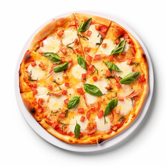 Delicious tomato pizza on a plate top view on isolated white background - ai generative