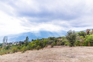 The sky above the mountain landscape of the Valley of Ghosts on the western slope of Mount Demerdzhi in Crimea