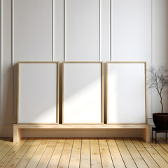 3 frame mockup standing on a wooden board, wall art display mockups, 3d rendering realistic interior design