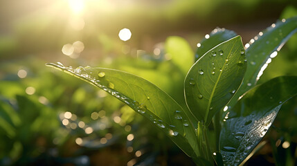 water drops on a leaf.  AI generative.