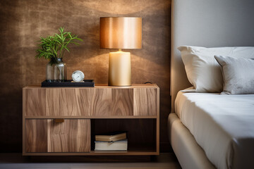 Accent bedside cabinet near bed. interior design of modern bedroom
