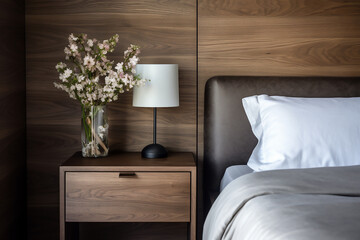 Accent bedside cabinet near bed. interior design of modern bedroom