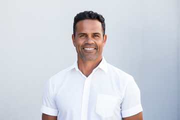 Smiling man in white shirt isolated against a white wall.