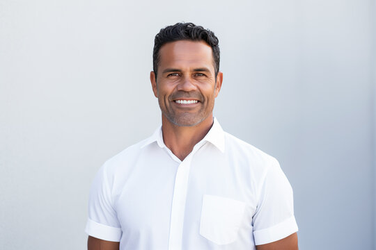Smiling man in white shirt isolated against a white wall.