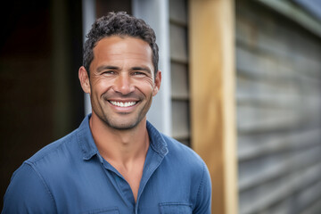 Smiling middle age man standing outdoors in front of a shed. - obrazy, fototapety, plakaty