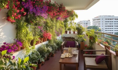 A Colorful Oasis: Balcony Overflowing with Vibrant Blooms and Lush Foliage