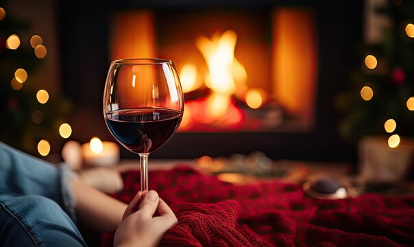 A Cozy Evening by the Fire: Two Glasses of Wine and a Warm Fireplace