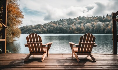 Naklejka premium Two Serene Wooden Chairs on a Rustic Wooden Dock Overlooking the Water