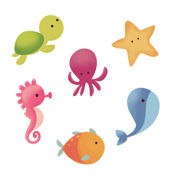 picture of a set of cute sea animals on a white background