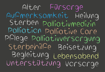 Wörter rund um die palliative Versorgung, Kreideschrift
