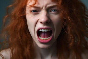 Woman with red hair and creepy expression on her face.