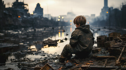 Junge in einem zerstörten Kriegsgebiet  (Generative KI) - obrazy, fototapety, plakaty