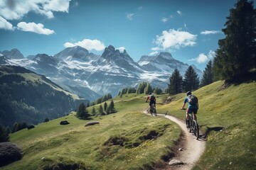 Fototapeta na wymiar Friends on bicycles enjoying a riding in the mountains landscape