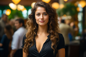 Woman with long hair and black shirt is posing for picture.