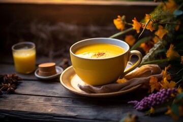 Obraz na płótnie Canvas Experience the soothing comfort of a rustic morning with a cup of Golden Milk (Turmeric Latte)