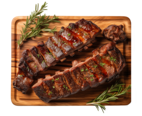 Rack of succulent grilled ribs on a wooden plate isolated on white background