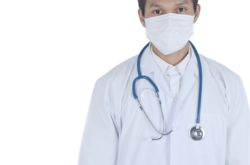 Doctor wearing a medical mask with stethoscope isolated on transparent background.