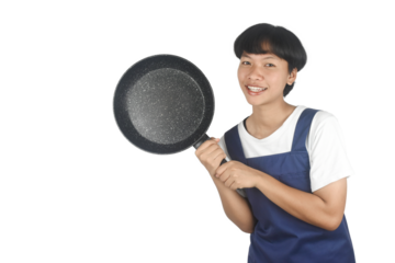 Asian woman wearing apron and holding a pan isolated on transparent background.